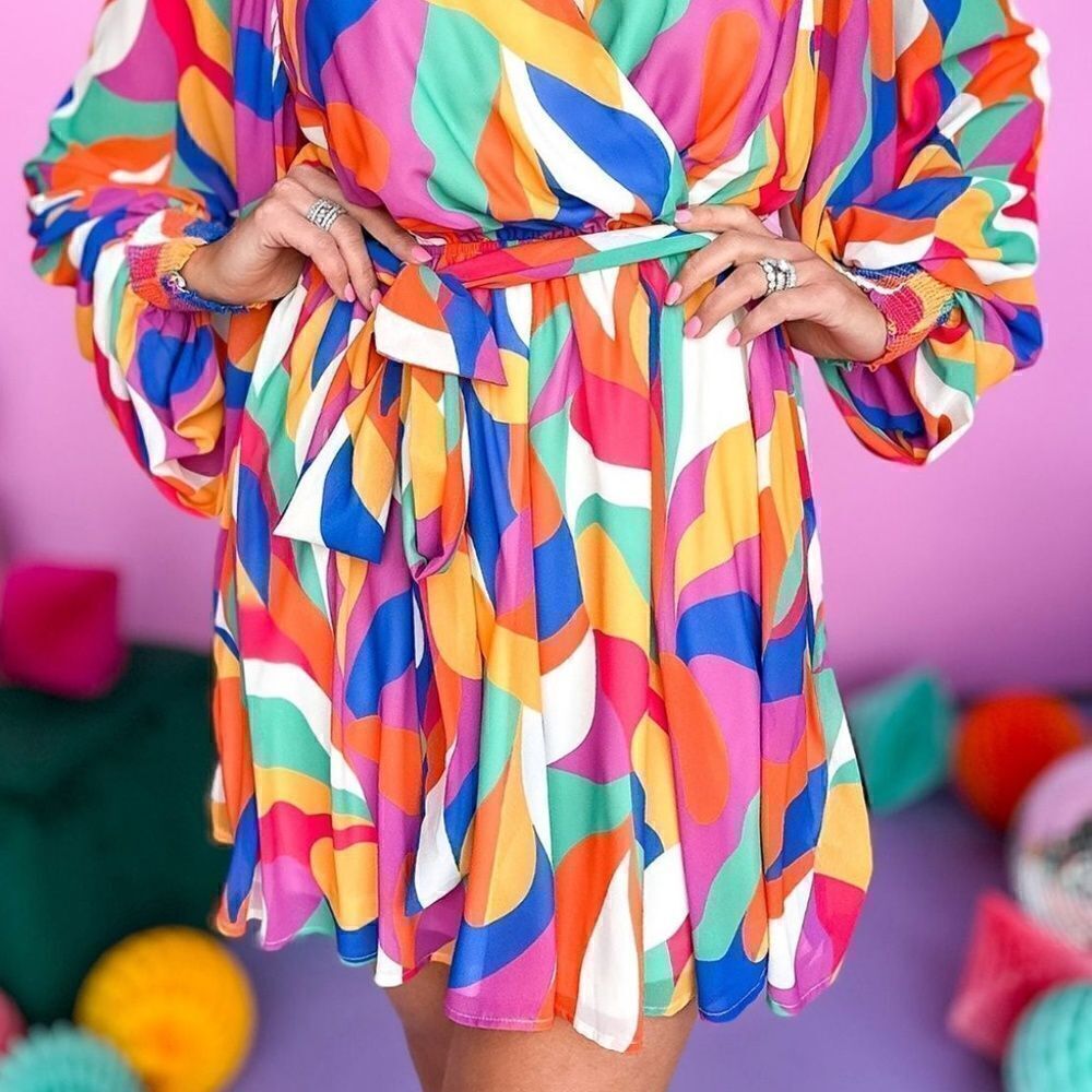 Abstract Print Belted Mini Dress - Picture 2 of 4